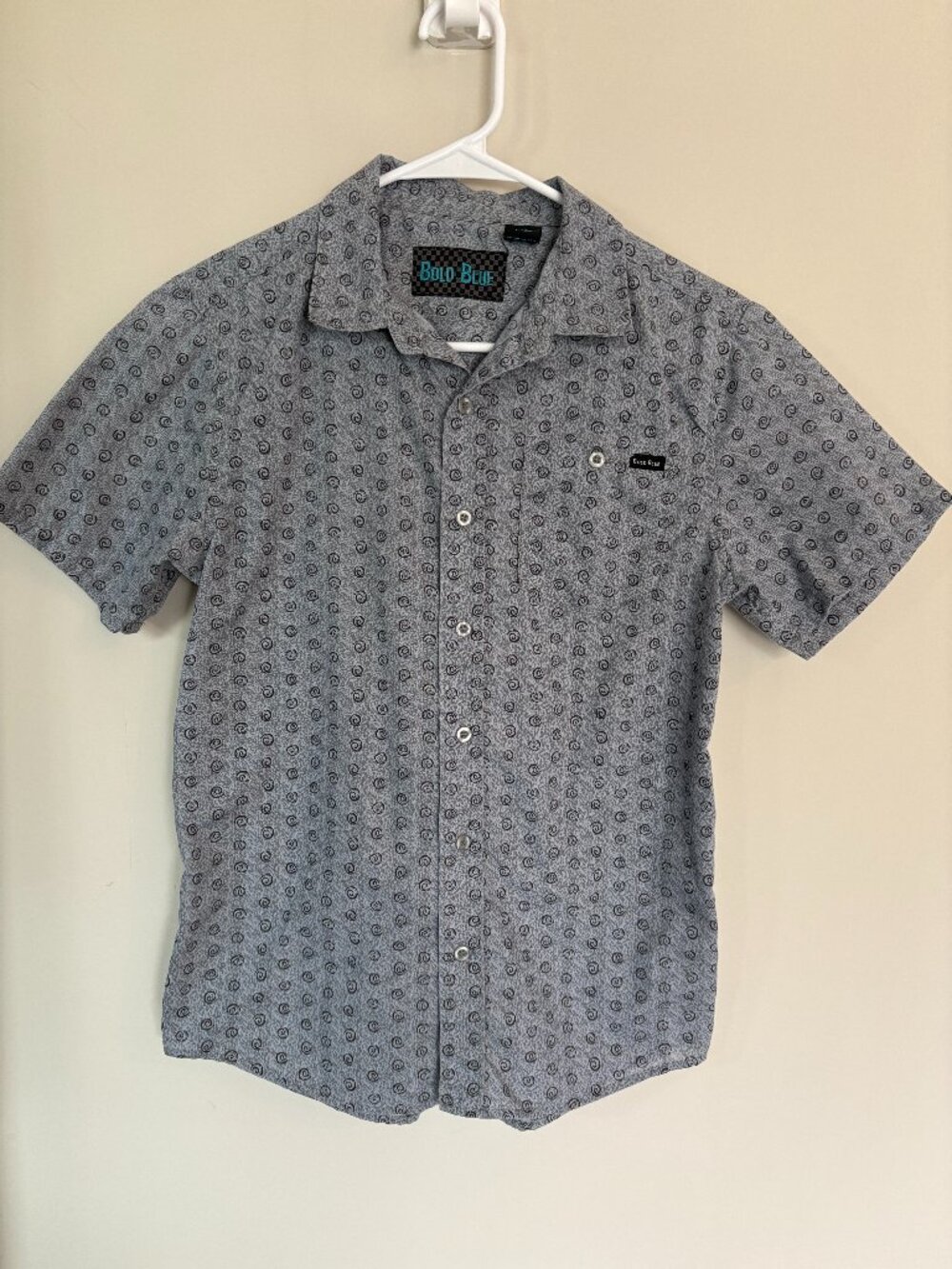 Boys Bold Blue Button Down Shirt Medium Gray Swirl Print Short Sleeve Casual